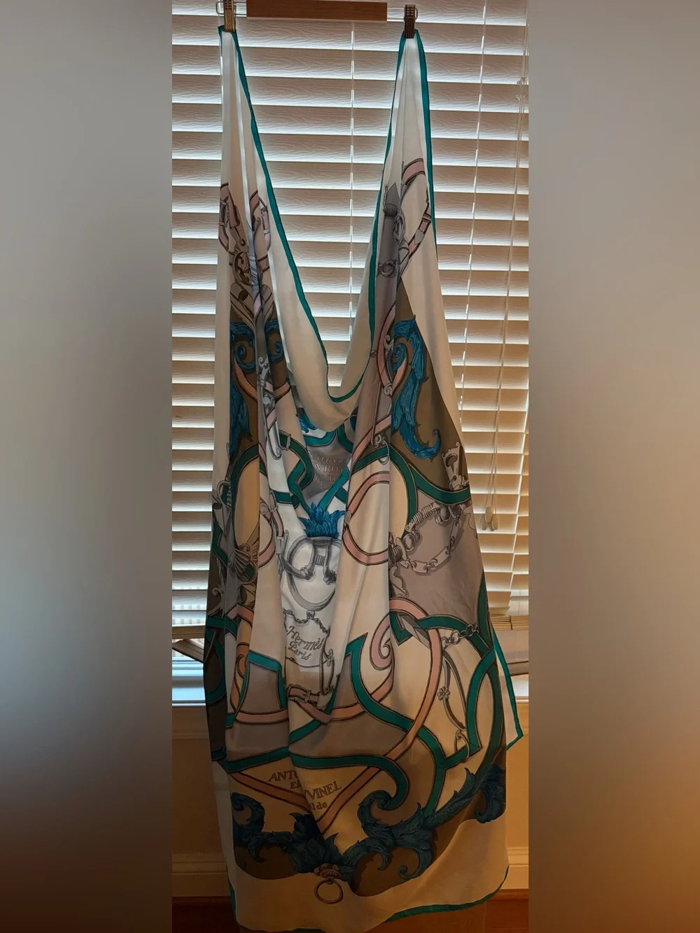 140 CM Hermès Silk Scarf in Teal, Pink, Gray and Cream
